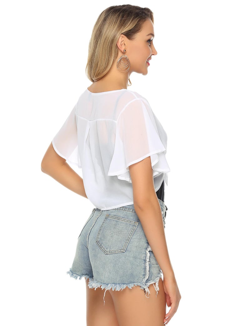 iClosam Women Tie Front Chiffon Shrug Short Sleeve Cropped Sheer Bolero Shrug Cardigan White - Image 4